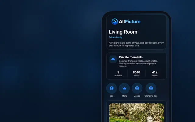AllPicture Living Room on an Android phone with a private shared space and its moments