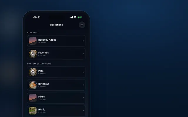 Collections AllPicture sur un iPhone avec des collections personnalisées et une vue des doublons