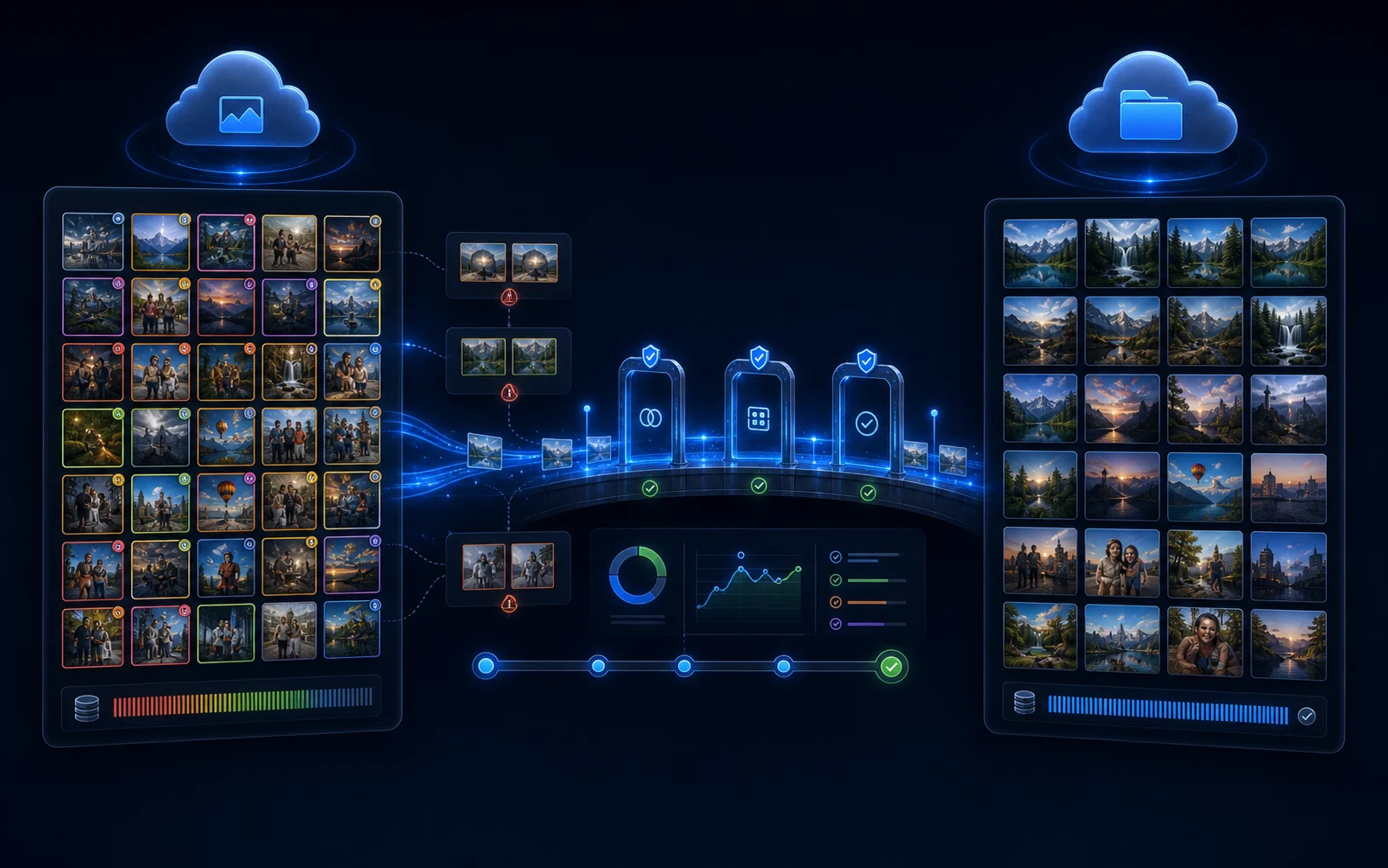 Google Photos, iCloud, and Dropbox photo libraries crossing a duplicate-safe migration bridge into AllPicture