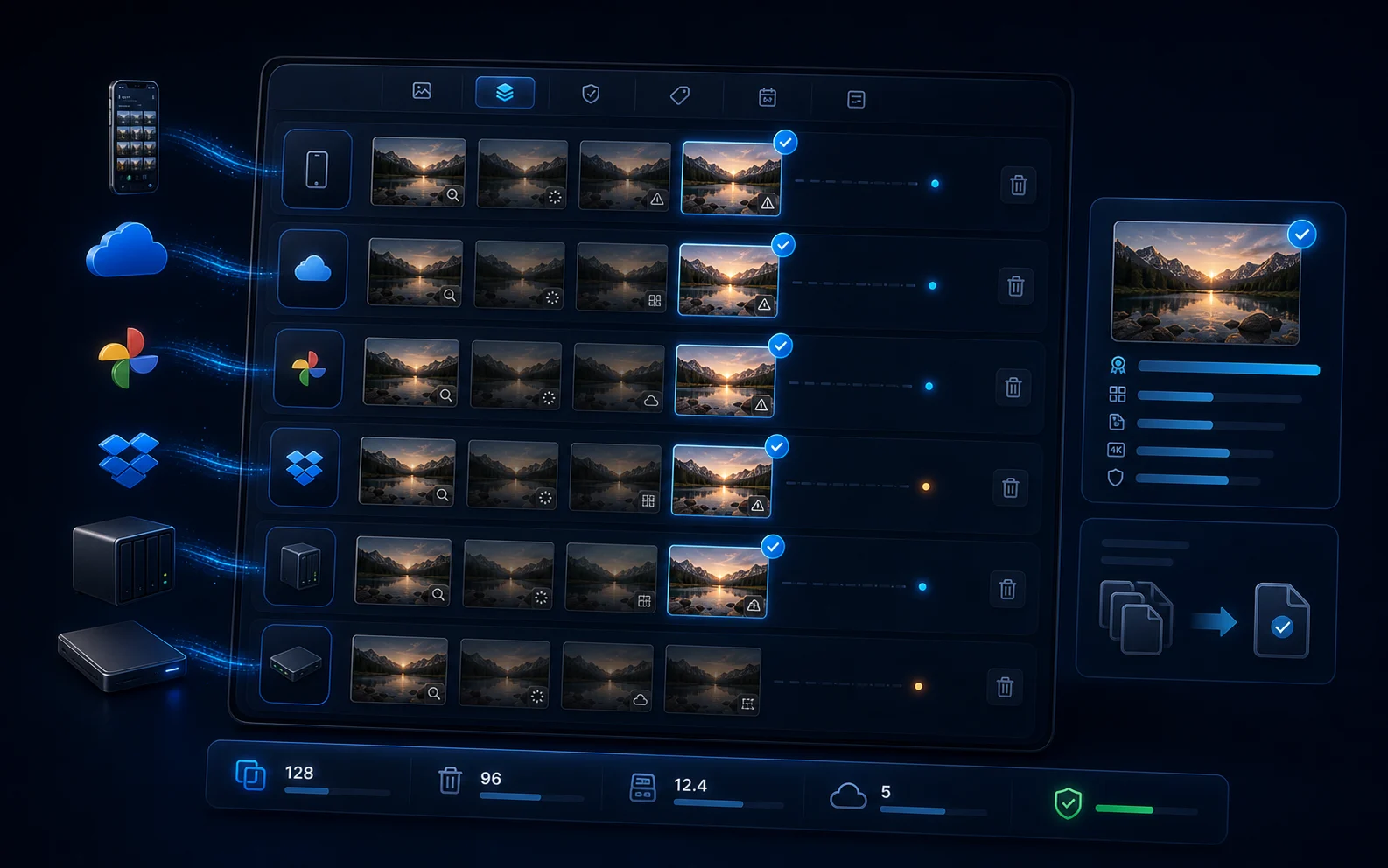 Duplicate photos detected across iCloud, Google Photos, Dropbox, WhatsApp, NAS, and local drives